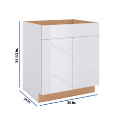 Modernform Cabinet Gloss White 30" W X 34 1/2" H X 24" D Double Door Sink Base Cabinet