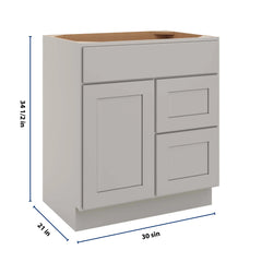 CNC Luxor Misty Grey 30" W Single Door 2 Drawers Right Vanity Sink Base Cabinet