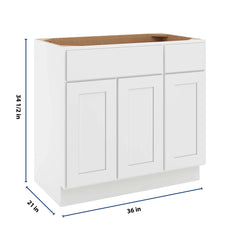 CNC Luxor White 36" W 3 Door Vanity Base Cabinet