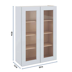 J&K White Shaker S8 Wall Glass Cabinet - 30" W x 42" H (No Glass Insert)