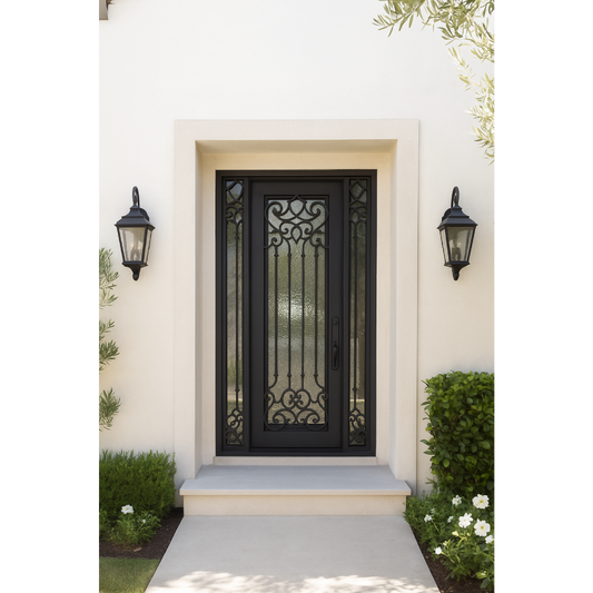 Carmen 5/9x8/0 Square Exterior Wrought Iron Prehung Double Door