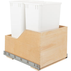 Double 50 Quart Wood Bottom-Mount Soft-close Trashcan Rollout for Hinged Doors, Includes Two White Cans