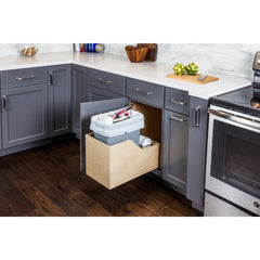Single 35 Quart Wood Bottom-Mount Soft-close Trashcan Rollout for Hinged Doors, Includes Grey Can