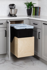 Double 50 Quart Wood Bottom-Mount Soft-close Trashcan Rollout for Hinged Doors, Includes Two Black Cans