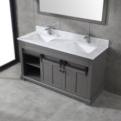 Farmhouse 60 in Double Sink Bathroom Vanity in Grey with Calacatta Gold Quartz Countertop 