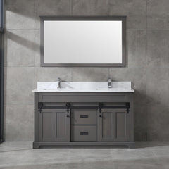 Farmhouse 60 in Double Sink Bathroom Vanity in Grey with Calacatta Gold Quartz Countertop 