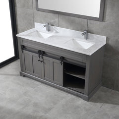 Farmhouse 60 in Double Sink Bathroom Vanity in Grey with Calacatta Gold Quartz Countertop 