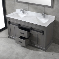 Farmhouse 60 in Double Sink Bathroom Vanity in Grey with Calacatta Gold Quartz Countertop 