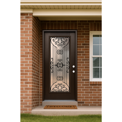 Jupiter 3/0x6/8 Prehung Prefinished Fiberglass Door in Dark Walnut