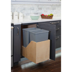 Double 50 Quart Wood Bottom-Mount Soft-close Trashcan Rollout for Hinged Doors, Includes Two Grey Cans
