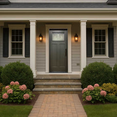 Hometown 36 in. x 80 in. 1/4 Lite Decorative Glass Painted Gray Prehung Fiberglass Exterior Door with Brickmold