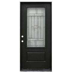 Hometown 36 in. x 80 in. 3/4 Lite Decorative Glass Painted Black Prehung Fiberglass Exterior Door with Brickmold