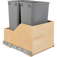 Double 50 Quart Wood Bottom-Mount Soft-close Trashcan Rollout for Hinged Doors, Includes Two Grey Cans