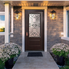 Jupiter 36 in. x 80 in. 3/4 Lite Decorative Glass Stained Dark Walnut Prehung Fiberglass Exterior Door with Brickmold