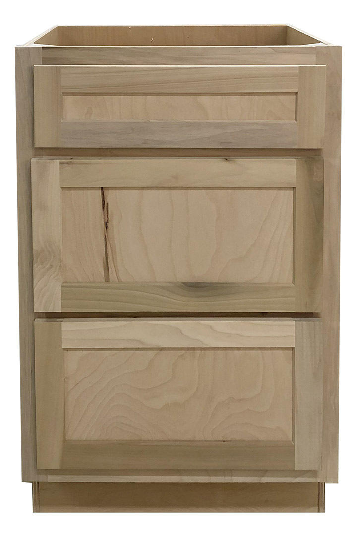 Kitchen Drawer Base Cabinet or Unfinished Poplar or Shaker Style or 21 in or 3 Drawer