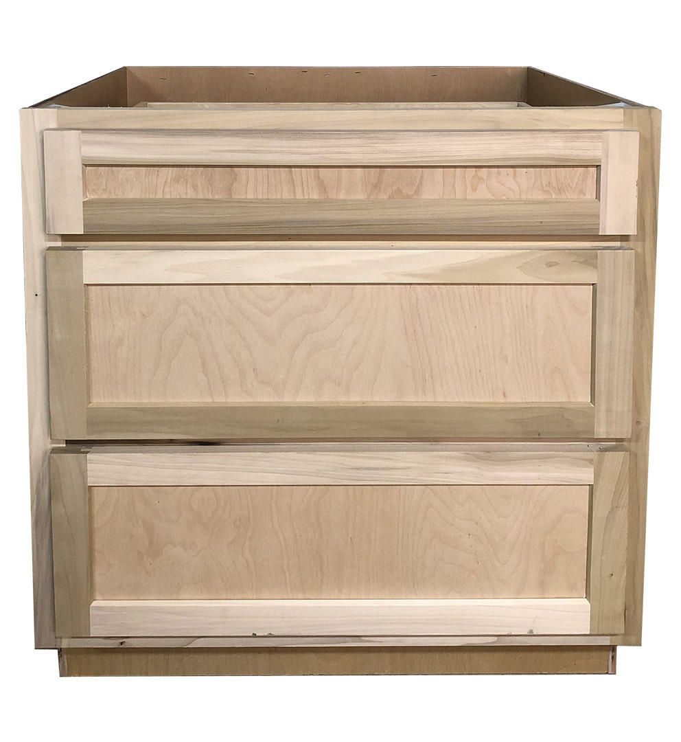 Kitchen Drawer Base Cabinet or Unfinished Poplar or Shaker Style or 30 in or 3 Drawer