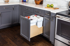 Double 35 Quart Wood Bottom-Mount Soft-close Trashcan Rollout for Door Mounting, Includes Two White Cans
