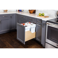 Double 35 Quart Wood Bottom-Mount Soft-close Trashcan Rollout for Door Mounting, Includes Two White Cans