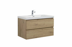 LessCare Angela 36" W Wall-Mounted Vanity with Sink Top Oak Finish | LessCare