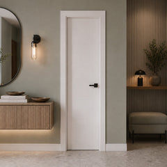 18 in. x 80 in. 1-Panel Shaker Solid Core Primed White MDF Prehung Interior Door with Black Hinges - Interior Doors