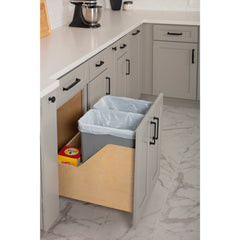 Double 35 Quart Wood Bottom-Mount Soft-close Trashcan Rollout for Door Mounting, Includes Two Grey Cans and Door Joining Bracket