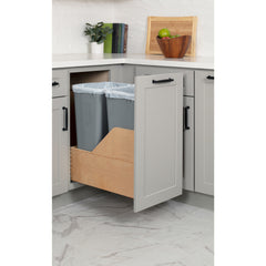 Double 50 Quart Wood Bottom-Mount Soft-close Trashcan Rollout for Door Mounting, Includes Two Grey Cans