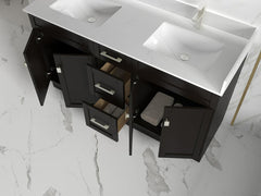 Satar 60 in Double Sink Bathroom Vanity in Espresso with White Quartz Countertop