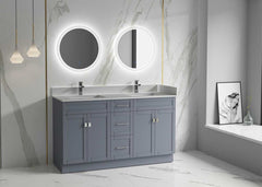 Satar 60 in Double Sink Bathroom Vanity in Grey with White Quartz Countertop