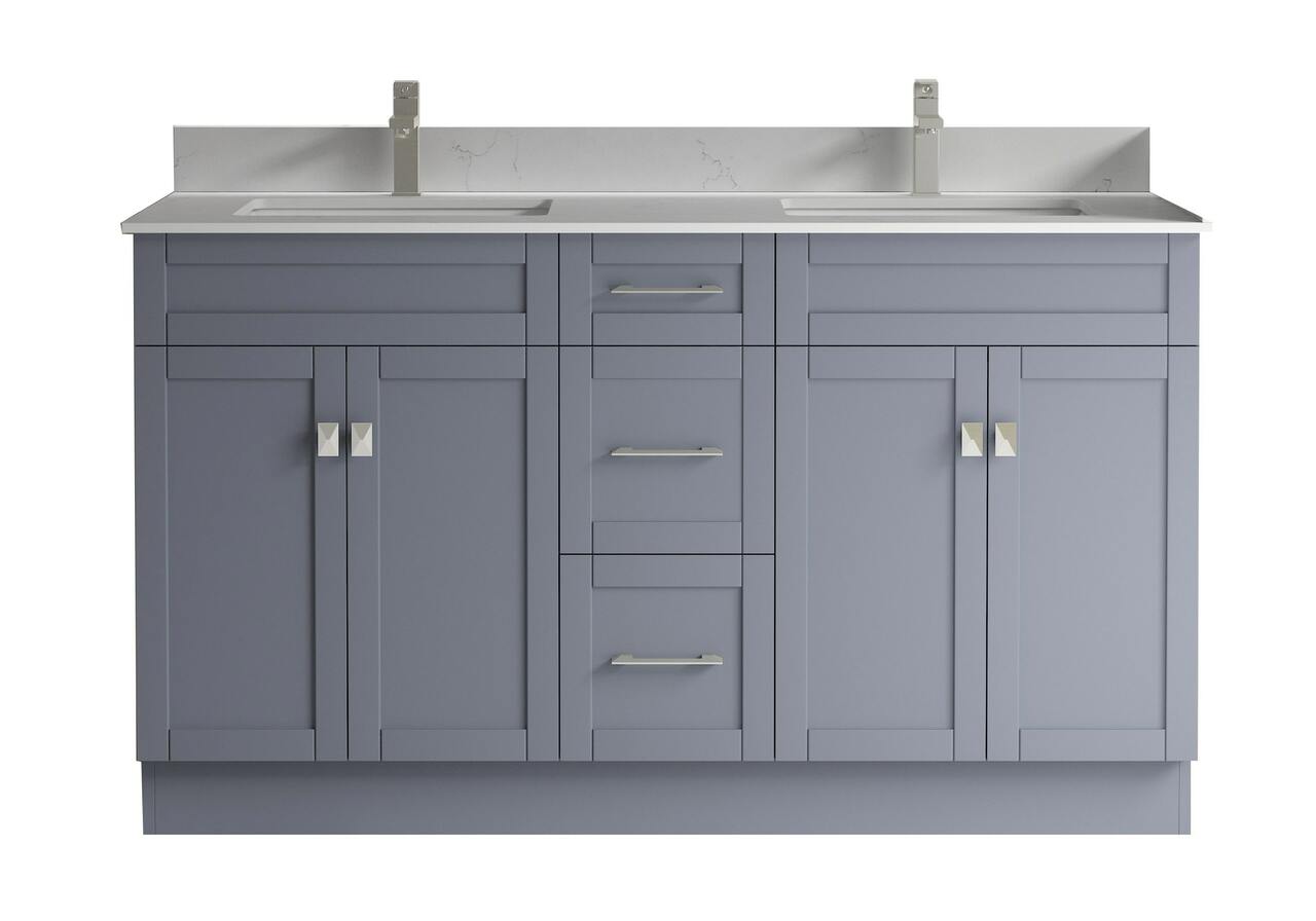 Satar 60 in Double Sink Bathroom Vanity in Grey with White Quartz Countertop