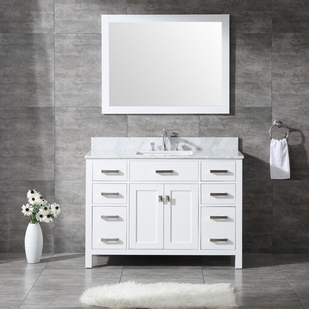 SBM Charleston 48 in Single Sink Bathroom Vanity in White with Carrera White Marble Countertop