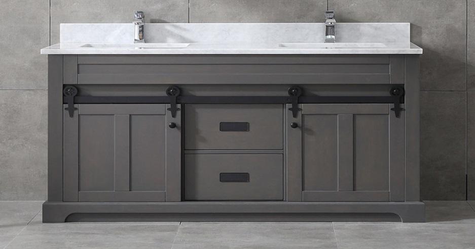 SBM Farmhouse 72 in Double Sink Bathroom Vanity in Grey with Calacatta Gold Quartz Countertop