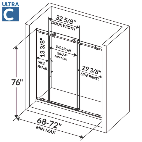  ULTRA-C 68-72 W x 76 H Sliding Shower Door in Brushed Gold