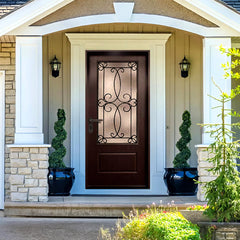 Ulysses 36 in. x 80 in. 3/4 Lite Decorative Glass Stained Dark Walnut Prehung Fiberglass Exterior Door with Brickmold