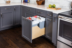 Double 35 Quart Wood Bottom-Mount Soft-close Trashcan Rollout for Door Mounting, Includes Two Grey Cans