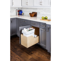 Single 35 Quart Wood Bottom-Mount Soft-close Trashcan Rollout for Hinged Doors, Includes One White Can